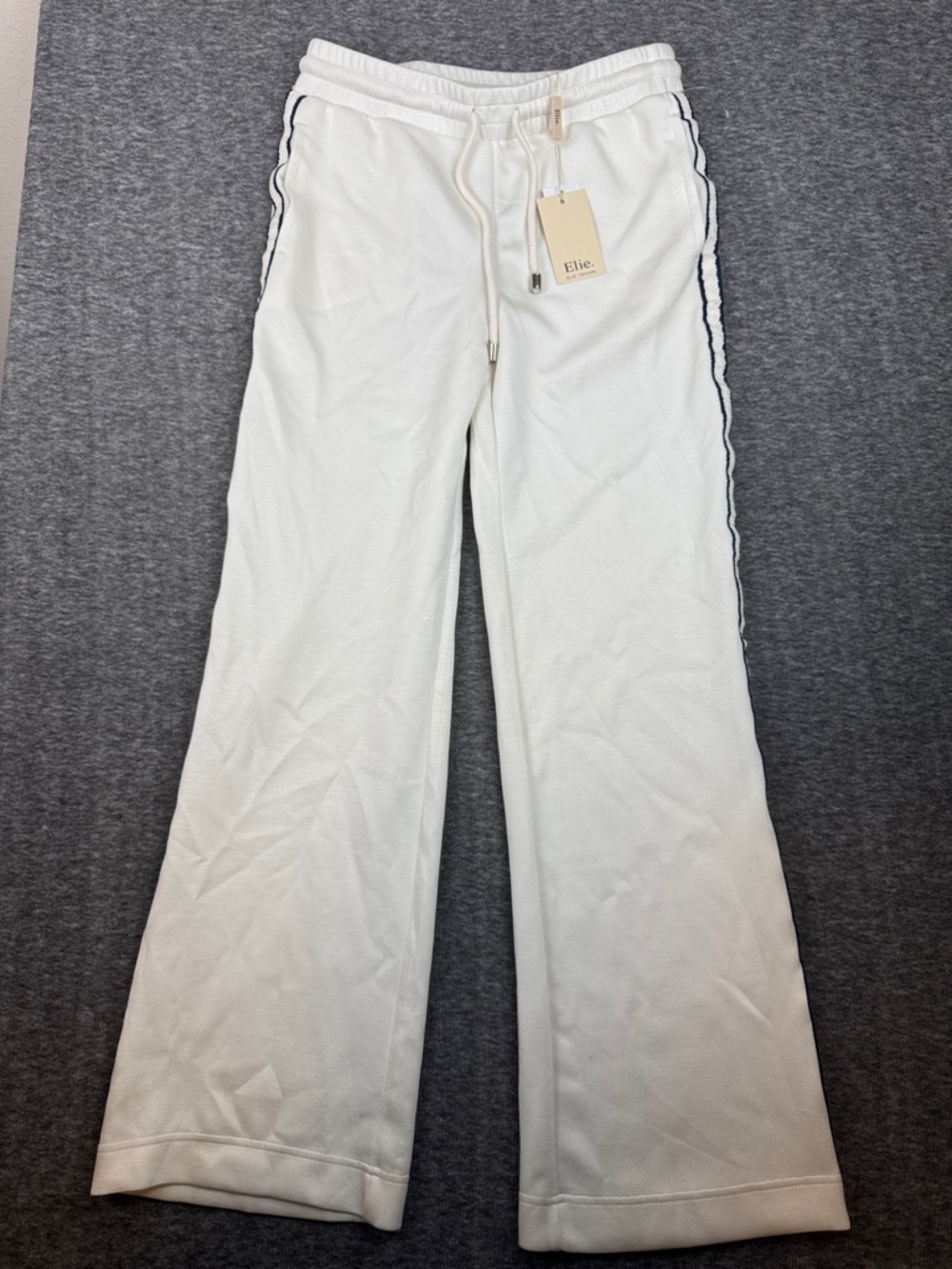 Elie Tahari White Drawstring Sweatpants with Navy Side Stripe